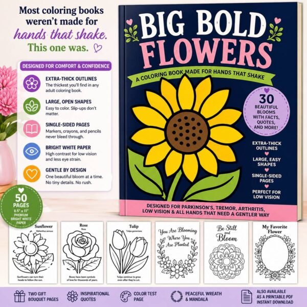 Big Bold Flowers Coloring Book for Shaky Hands Easy Grip PDF